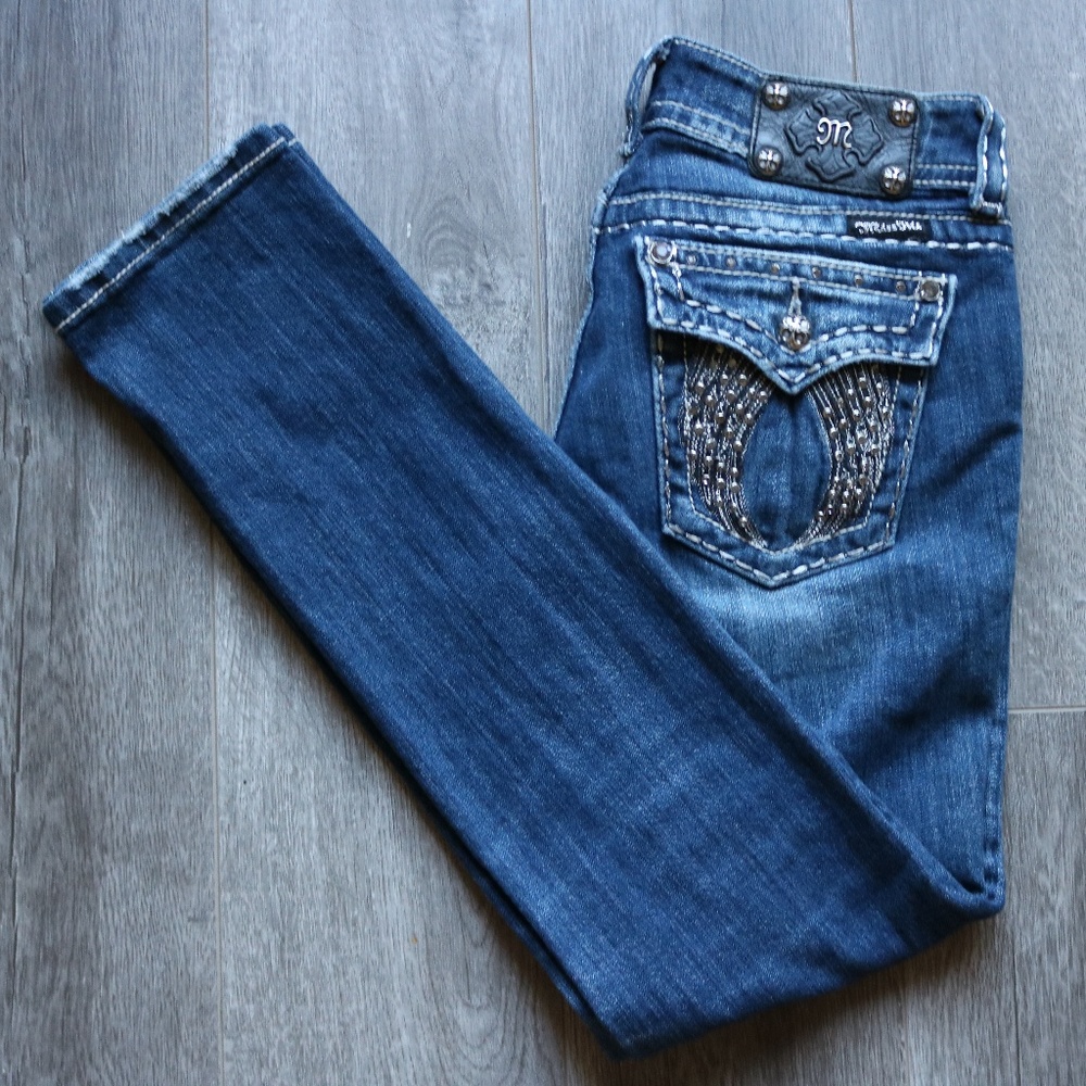 Miss Me Angel Wing Blue Low Rise Skinny Jeans